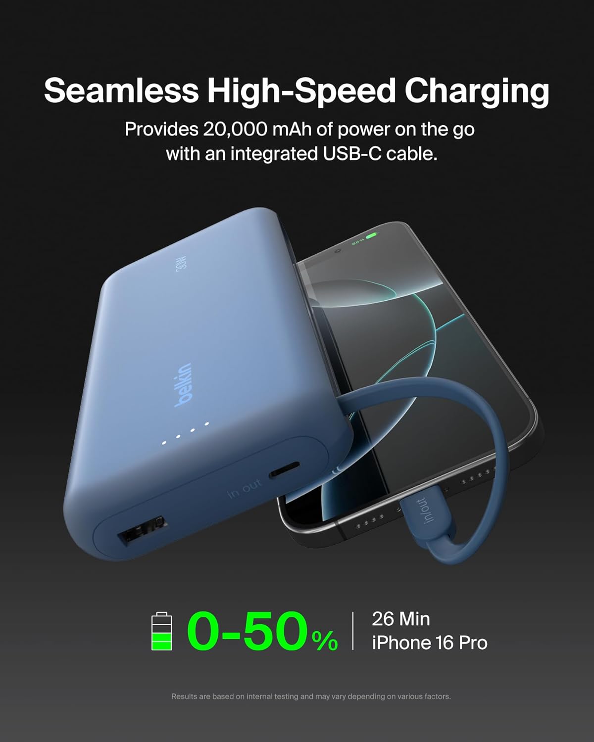 Belkin Portable Charger, Power Bank with Integrated Cable 20000 mAh 30W - Fast Charging USB C Power Delivery, iPhone Charger - iPhone 16 Series, iPad Pro, Galaxy S25 Series, & More - Blue