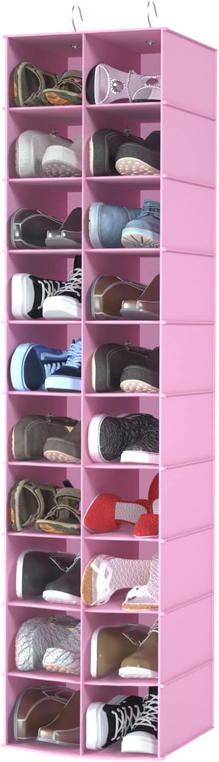 coastal rose Hanging Shoe Organizer for Closet, 20 Sections Hanging Closet Organizers and Storage Shelves, Space Saving Shoe Storage Rack Holder, Pink, 12''W×12''Dx 50''H