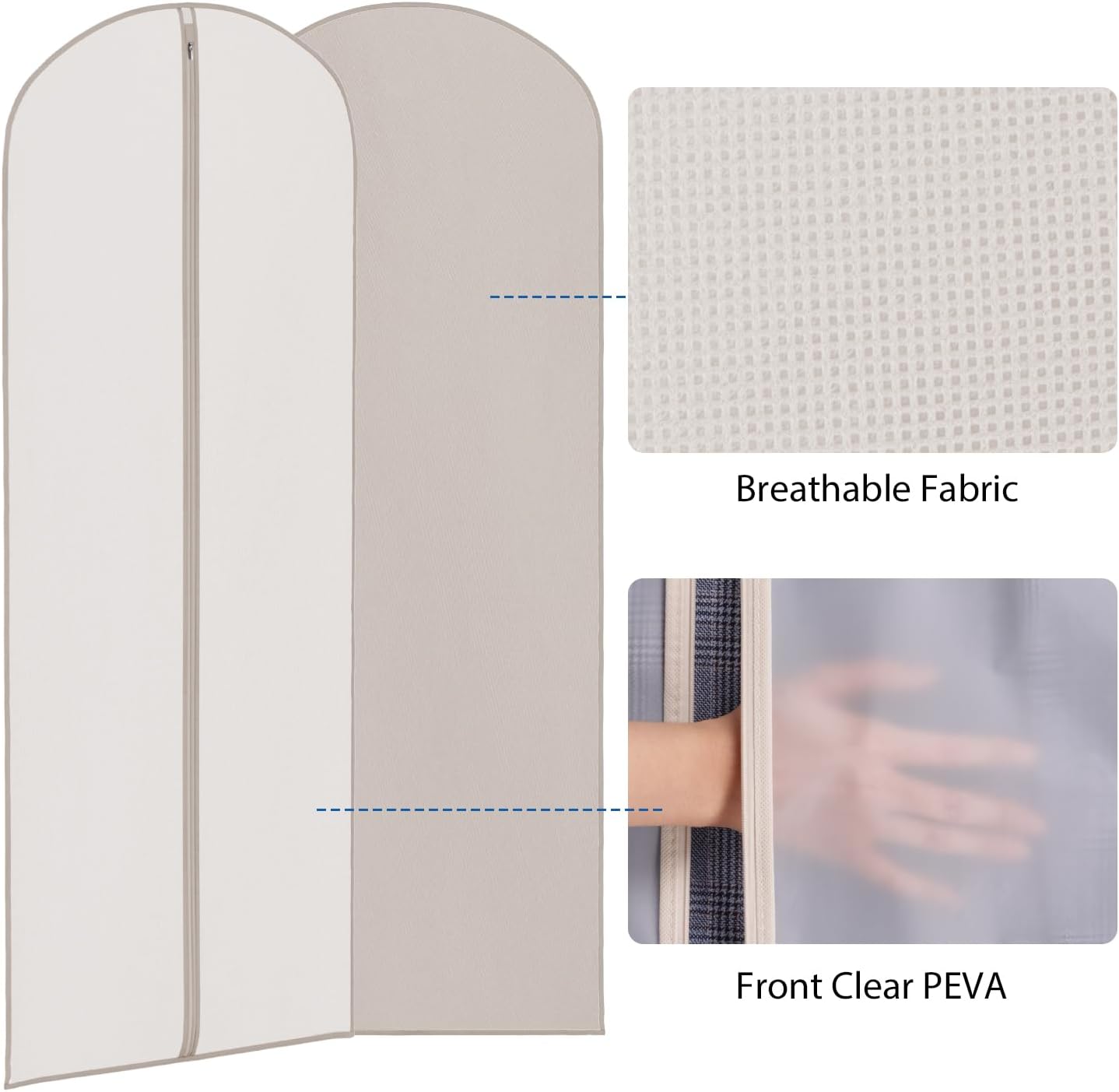 Zilink 65'' Dress Bags for Gowns Long Clear Garment Bags for Hanging Clothes Foldable Dress Covers Garment Bag for Closet Storage and Travel - Beige, 3 Pack