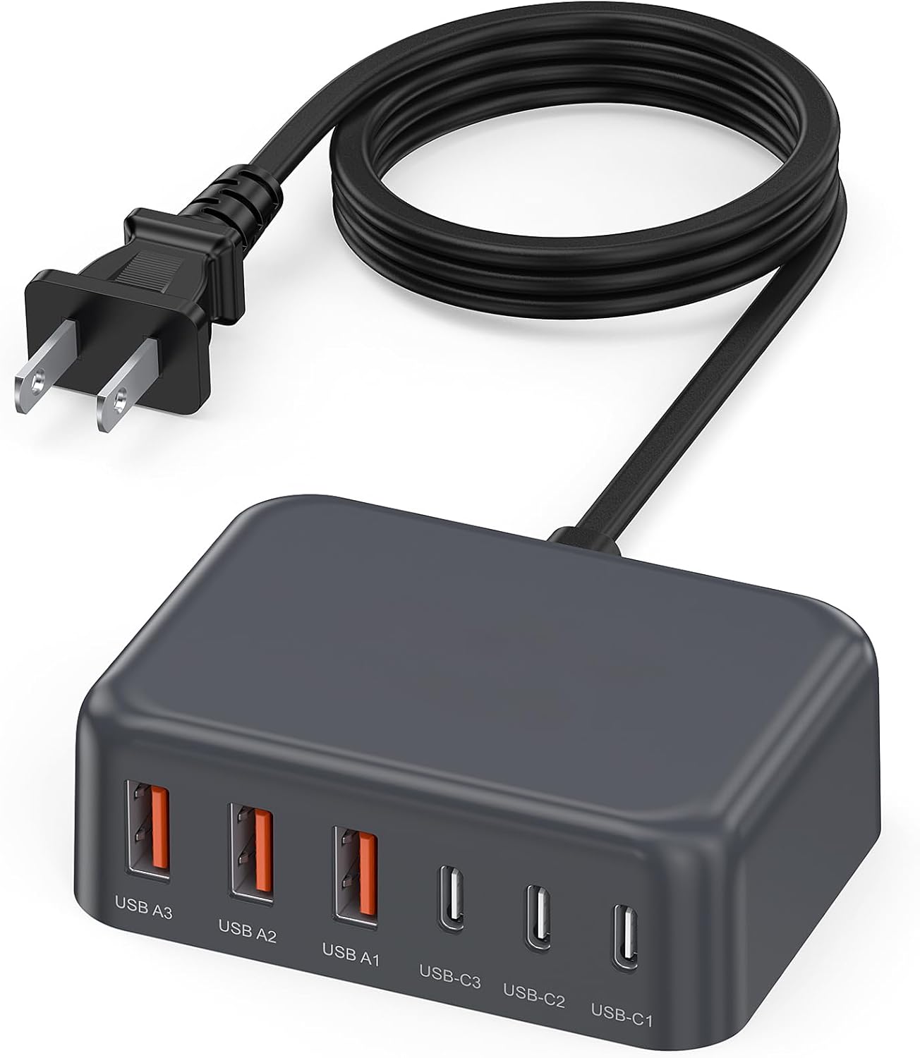 USB C Charger Block, 100W GaN 6 Port PD USB C QC USB A Wall Charger Adapter Plug Cube, Super Fast Type C Charging Station Hub for iPhone 16 15 14 13 12 Pro Max iPad Samsung Pixel 5ft Extension Cord