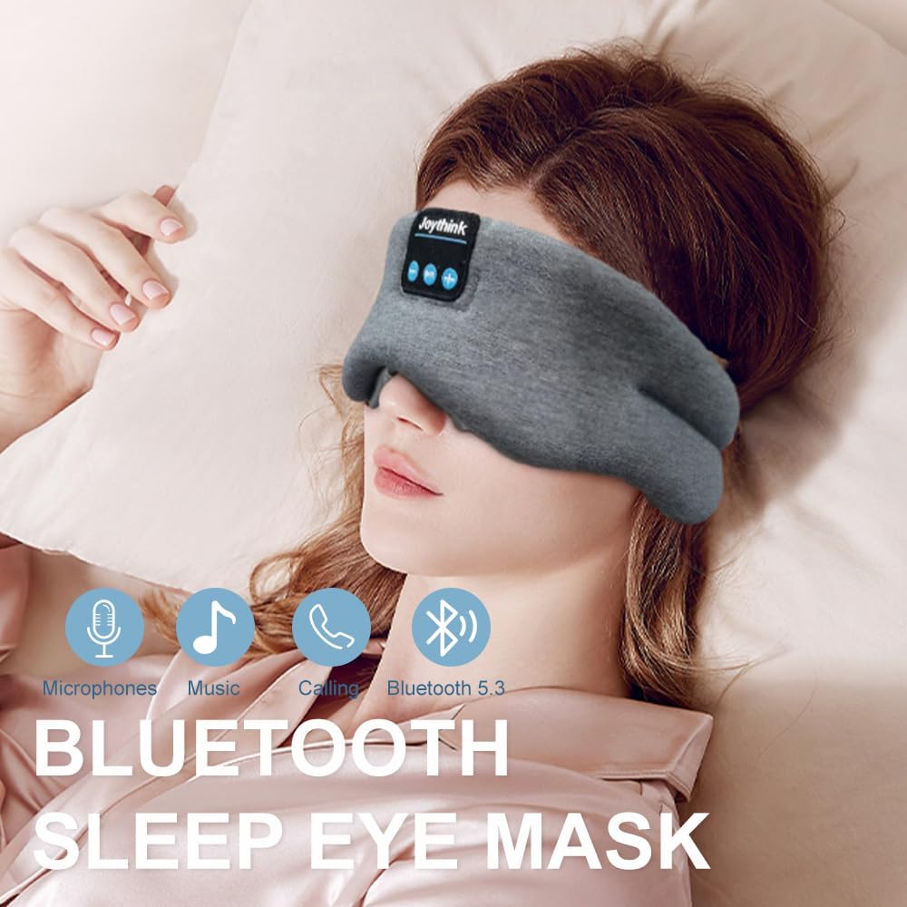 Joythink Sleep Mask Headphones Silk Wireless Bluetooth Headband Eye Mask for Side Sleepers Blackout for Airplane Travel Men Women Gray