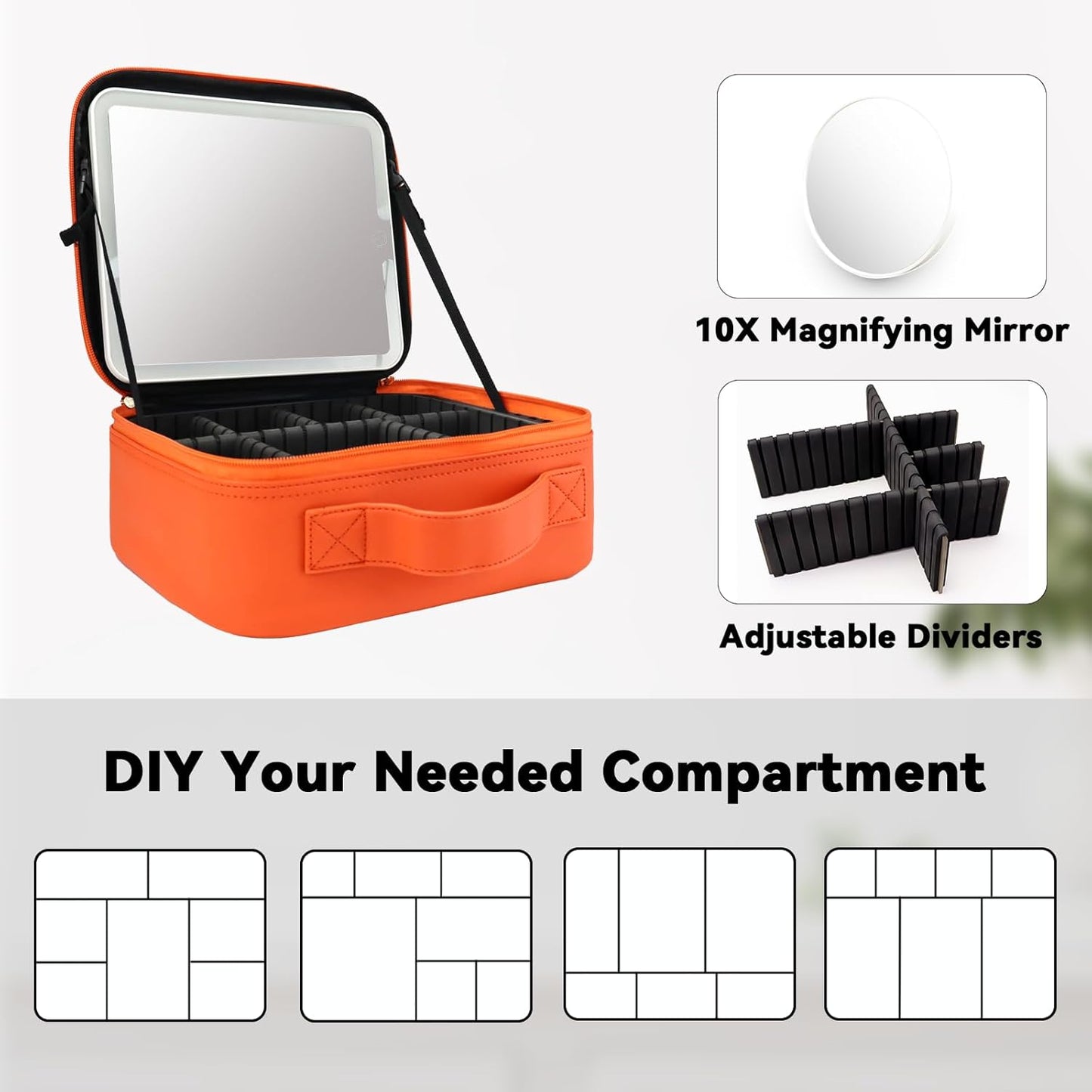 Travel Makeup Bag with LED Mirror and 10x magnifying glass with 3 Lighted Settings, Adjustable Dividers and Makeup Brush Storage Bag Orange