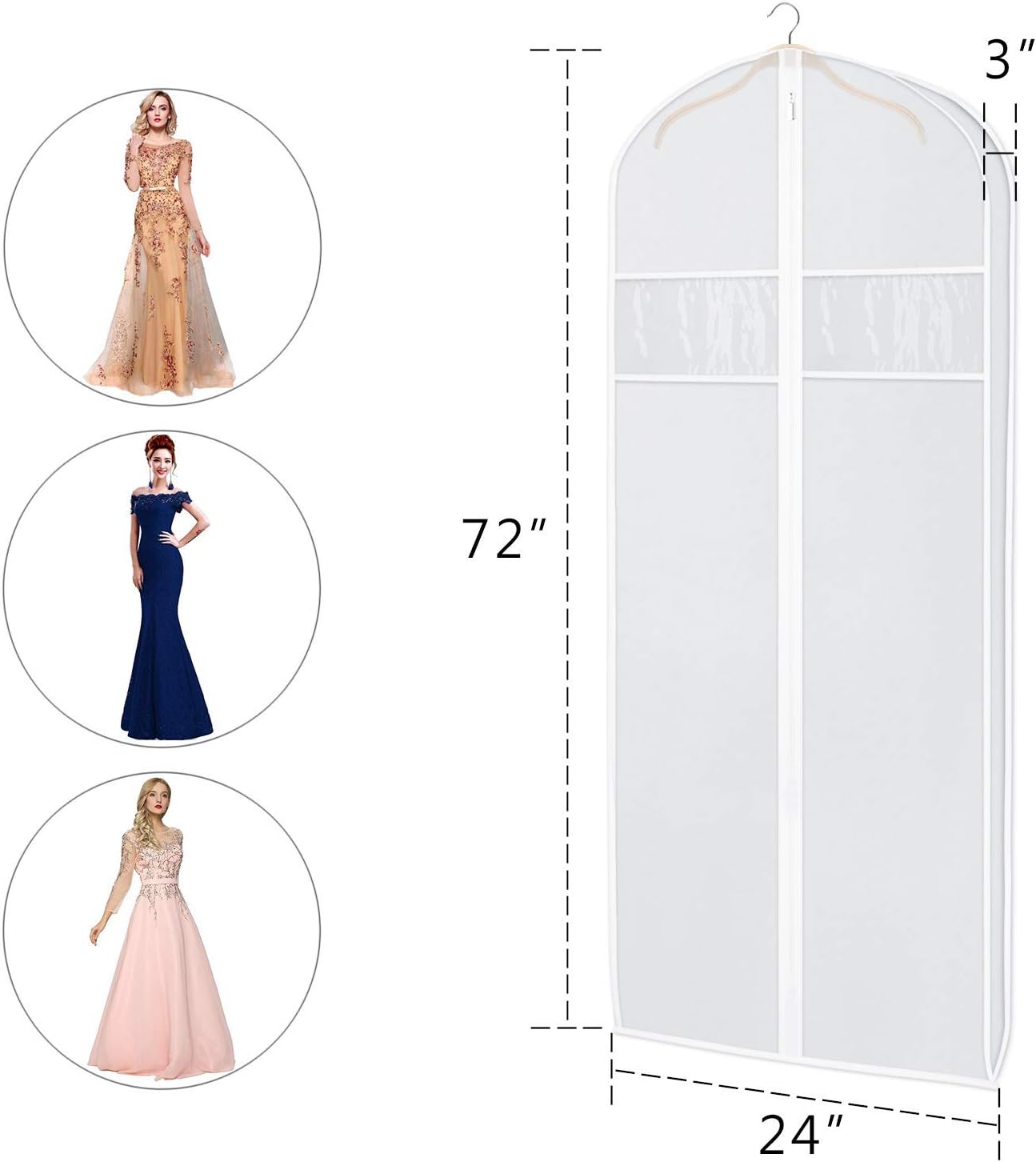 Zilink Dress Bags for Gowns Long 72-inch Garment Bags for Long Dresses Clear Dress Protector Bag with 3" Gusset and Full Length Zipper for Dresses, Fur Coat Gown Closet Storage（Set of 4）