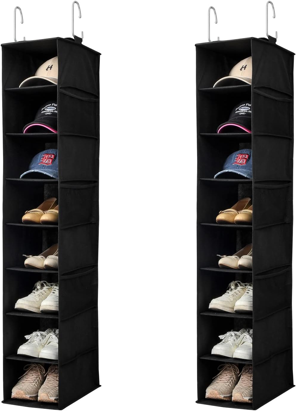 Hanging Shoe Organizer for Closet with Side Mesh Pockets，Hat Racks for Baseball Caps，Shoe and Hat Holder & Storage，8-Shelf，Black，2 Pack
