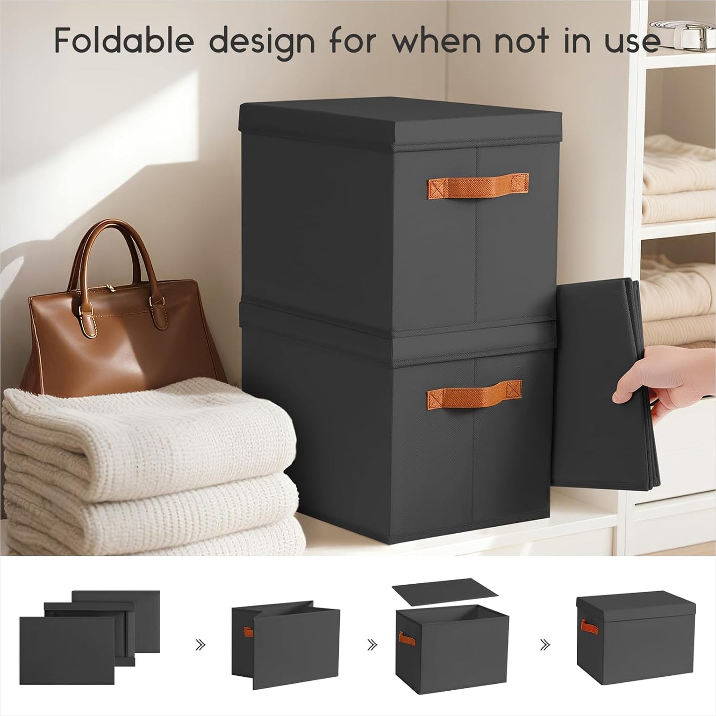 Storage Bins with Lids - Fabric Storage Baskets for Shelves, 4 Pack Foldable Decorative Boxes with Handles, Stackable Organizer Bins for Home, Nursery, Dorm, Black