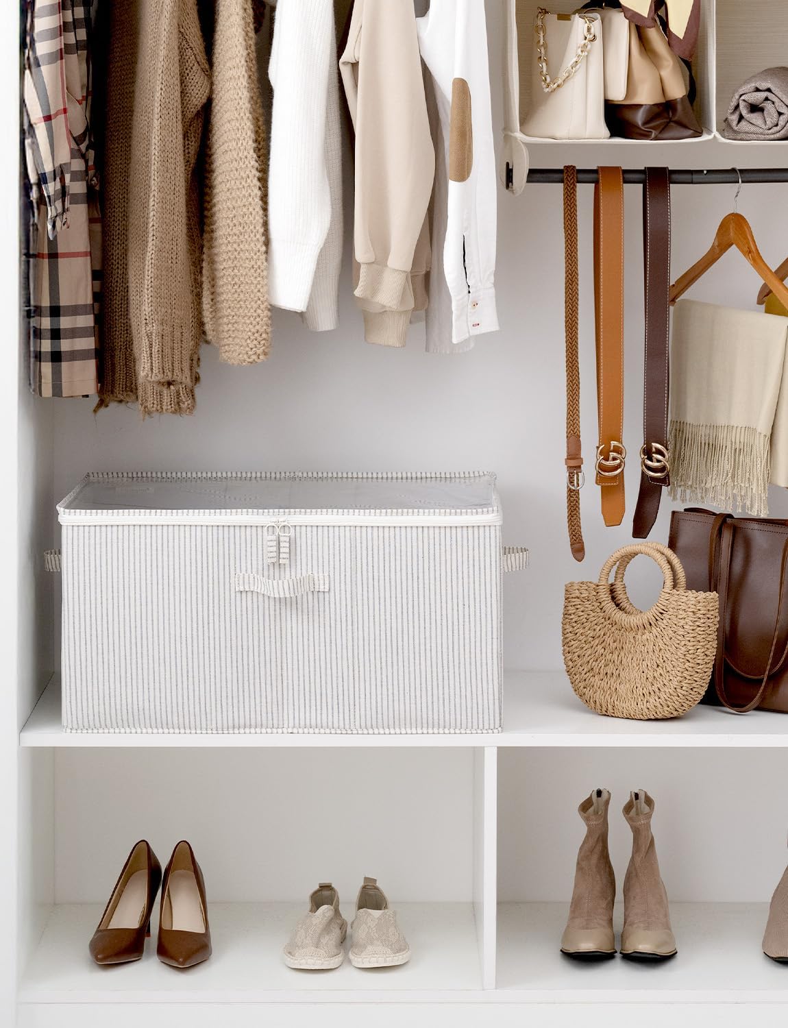 StorageWorks Shoe Organizer for Closet, Fits up to 24 Pairs, Shoe Cubby Storage Containers with Adjustable Dividers and Clear Cover, Gray and White Stripes