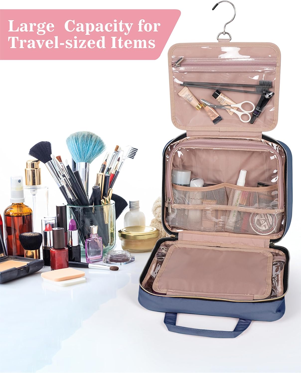 BALHLHG Toiletry Bag for Women with Hanging Hook, Medium Travel Makeup Organzier Bag, Water-resistant Cosmetic Travel Bag Toiletries Bag for Bathroom, Trip,Business, Greyblue