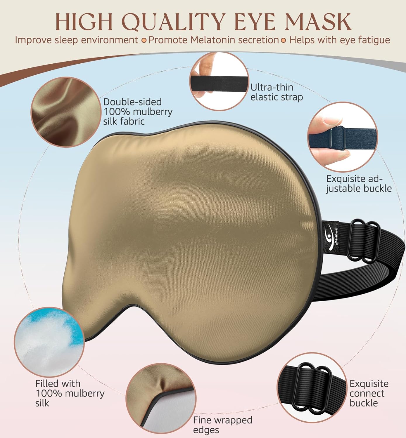 HiRui Silk Sleep Mask, 100% Natural Mulberry Silk of Double-Sided & Inner-Filling, Ultra-Smooth Soft, Adjustable Strap, Blocks Light for Night Sleeping, Travel, Office Naps (Khaki)