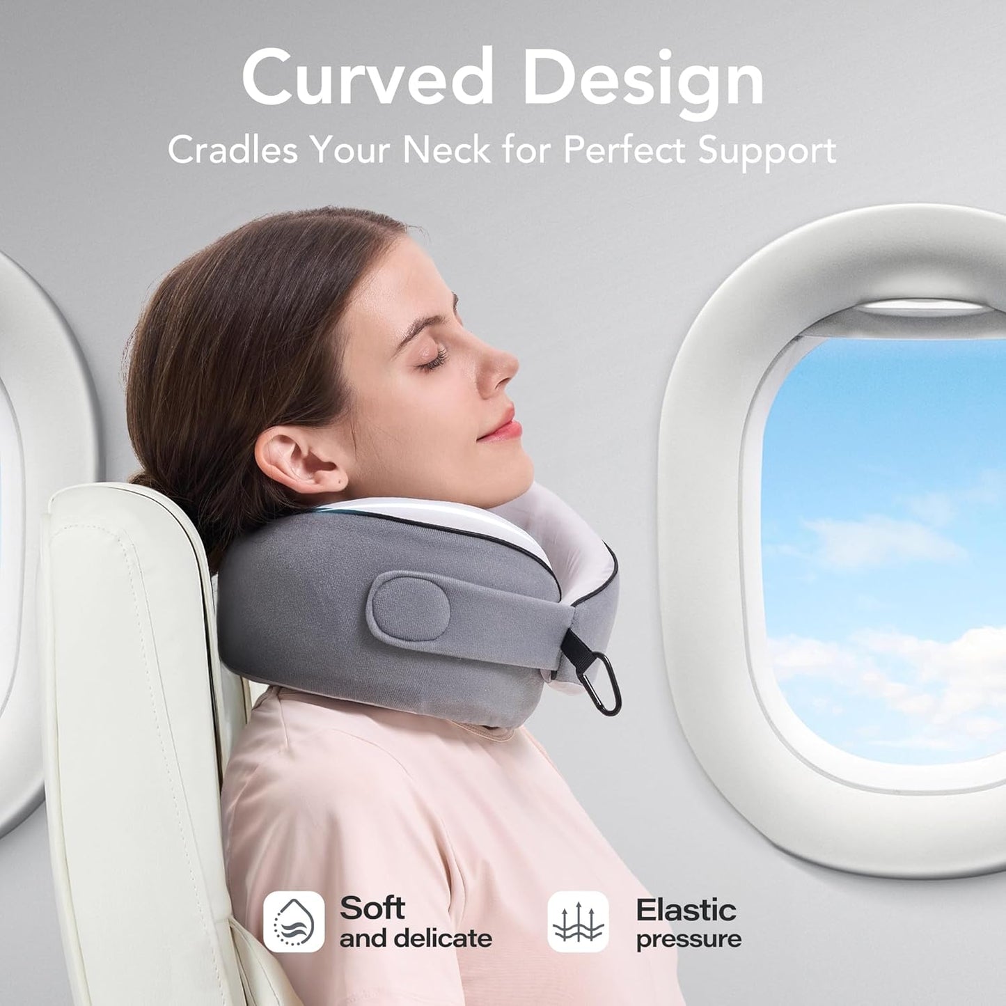 Travel Pillow, 100% Pure Memory Foam Travel Neck Pillow Airplane Neck Support Ergonomic Design for Traveling Suitable for Airplanes,Offices and Cars-Cooling Silk Light Grey Cover