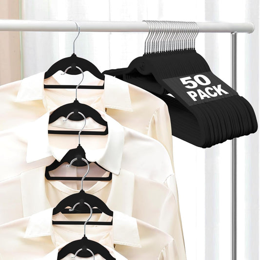 Velvet Felt Stackable Hangers 50 Pack, Non Slip, with 360° Swivel Hook, Ultra Thin and Space Saving for Suits, Shirts, Coats, 15Lbs Capacity Heavy Duty, Black