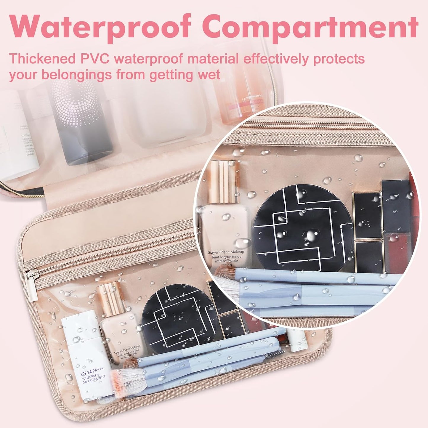 Wedama Toiletry Bag for Women, Large Cosmetic Travel Bag, Hanging Toiletry Bag for Bathroom, Thickened PVC Waterproof Makeup Bag, Toiletries Bag for Travel Business Trips and Camping, Baby Pink