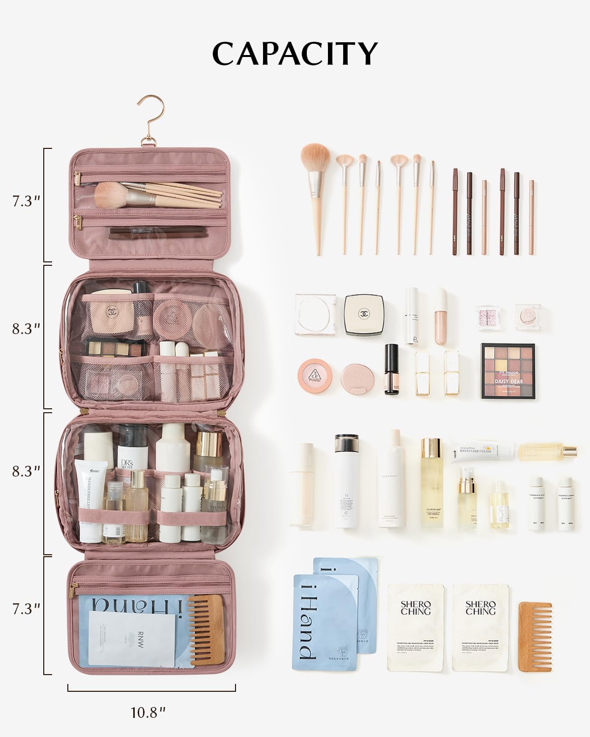 EACHY Hanging Toiletry Bag, Satin 4 Compartments Travel Toiletry Bags for Women, Large Capacity Make Up Organizer Bag with Handle & Compartments (Rose-Pink, L)