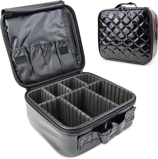 Travel Makeup Bag Makeup Cosmetic Train Case Organizer Portable Storage Bag with Adjustable Dividers for Cosmetics Makeup Brushes Toiletry Jewelry Black Laser Grid Pattern