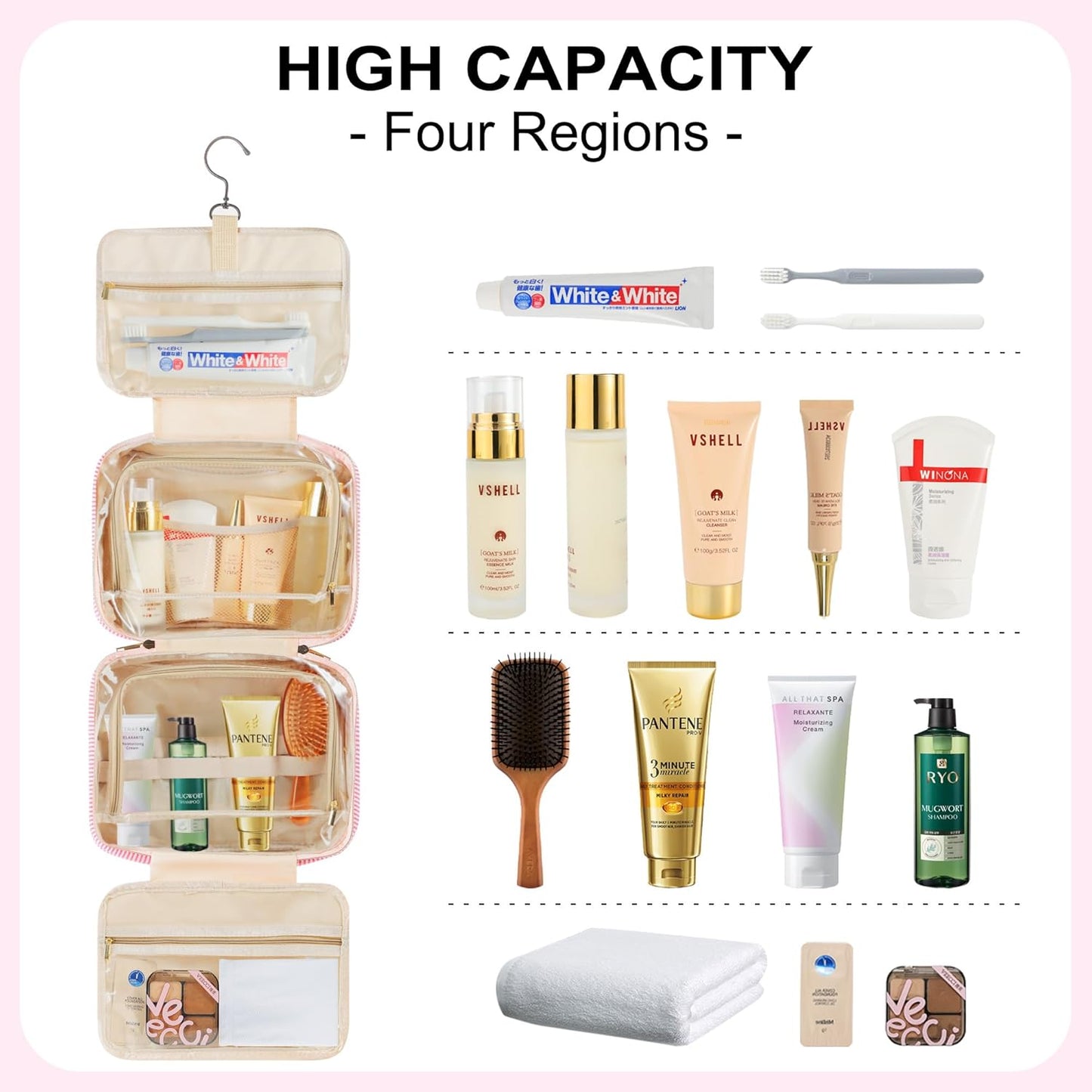 TOPEAST Hanging Toiletry Bag - Large Capacity Personalized Travel Bag for Women, Cruise Ship Essentials - Letter S, Pink