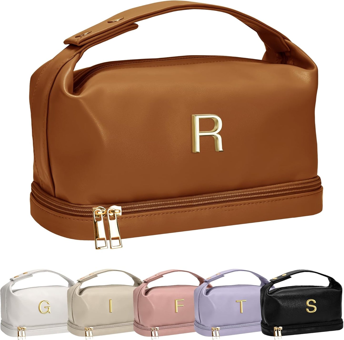 Gifts for Women 40s, Personalized Makeup Bag with Handle, Initial Double Layer Cosmetic Bag with Makeup Brush Organizer, Cute Cosmetic Pouch for Women, Gifts for Friends Female Mom