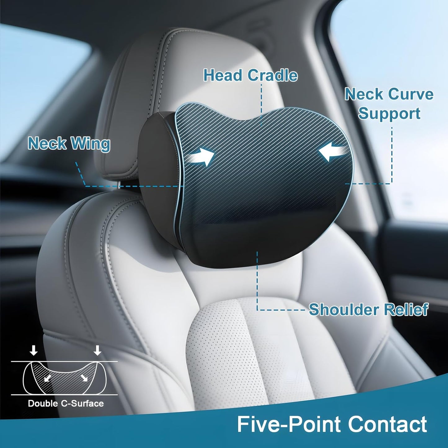 2Pcs 2025 Double-Layer Car Pillow, Cloud-Like Comfort Car Neck Pillow, Dual C-Curve Support Car Headrest Pillow – Experience First-Class Driving Comfort. (Black)