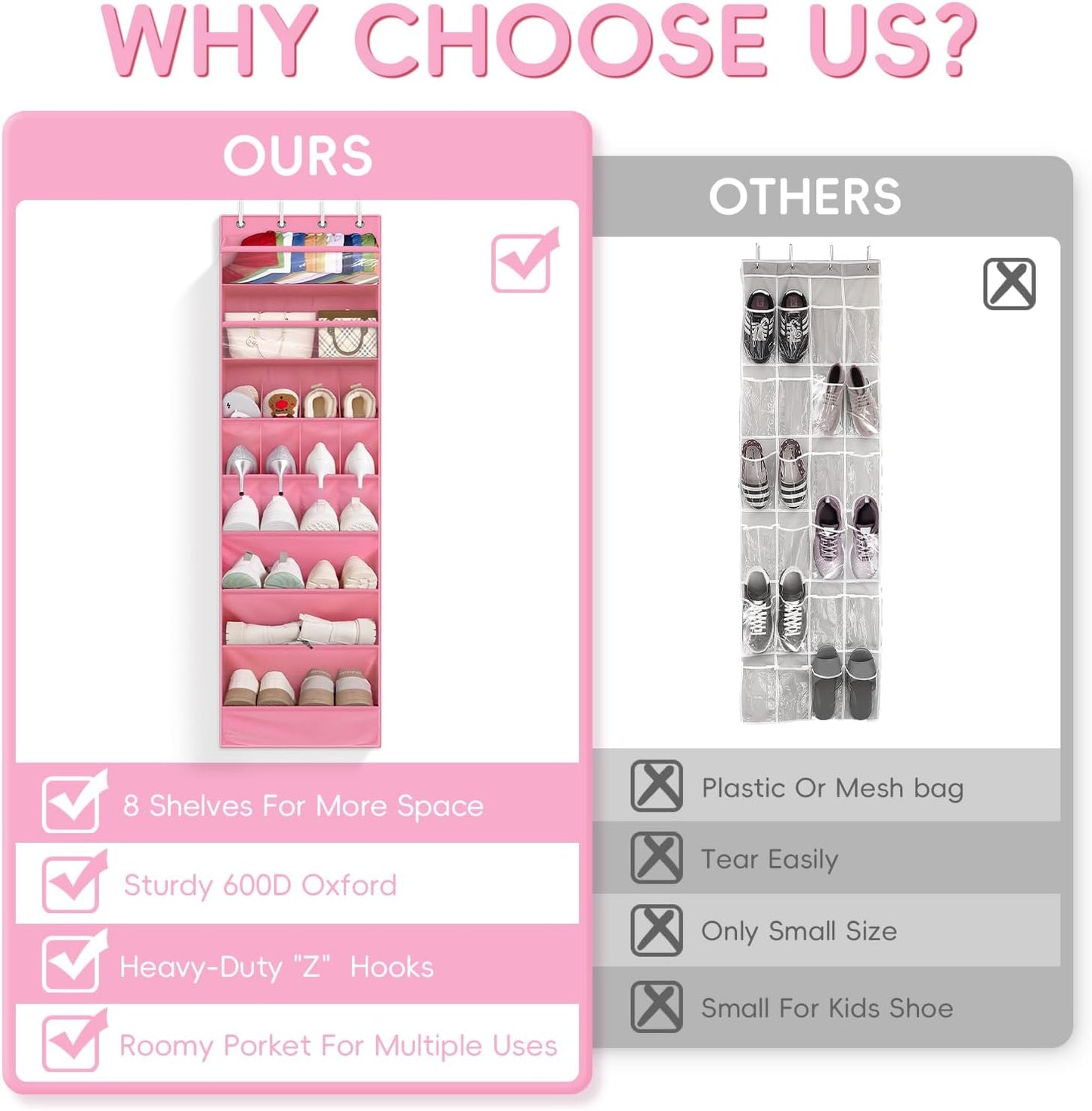 FENTEC 1 Pack 8 Shelves Over The Door Shoe Organizer,68" Exlarge Deep Pockets Hanging Shoe Organizers, Shoe Rack for Closet, Shoe Holder for Boots,Over Door Organizer in Home, RV, Dorm, Pink