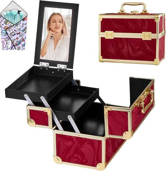 Makeup Train Case, Portable Makeup Case with Mirror, 2-Trays Cosmetic Organizer Case,Nail Polish Organizer, Travel Makeup Box, Profesional for Salon Barber, Pattern Red