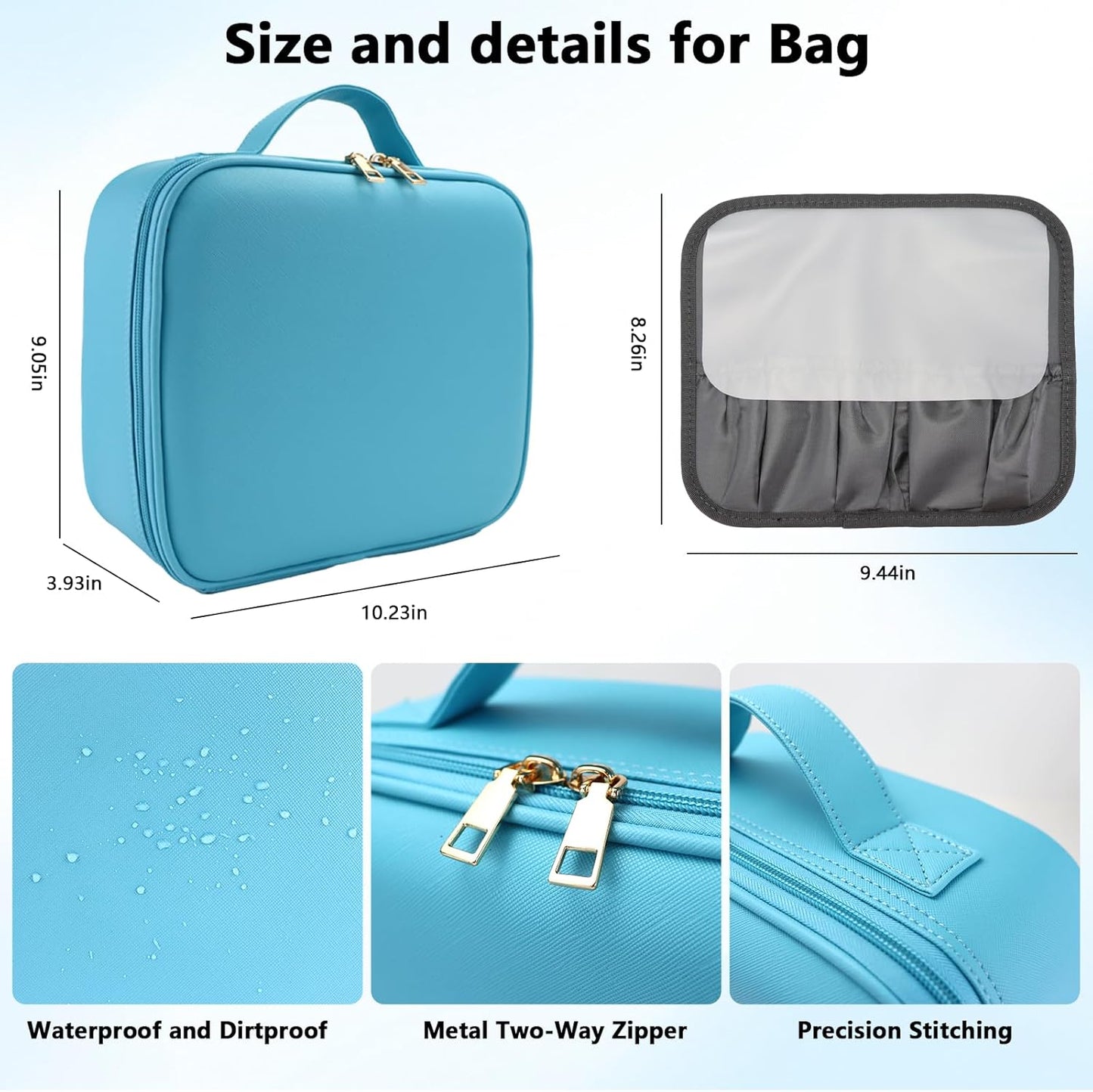 Travel Makeup Bag with LED Mirror Travel Makeup Organizer with 3 Lighted Settings, Adjustable Dividers and Makeup Brush Storage Bag Blue