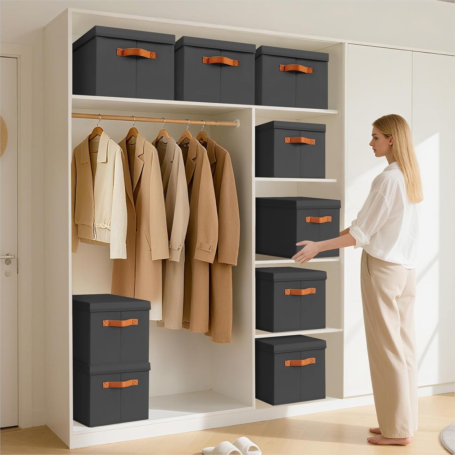 Storage Bins with Lids - Fabric Storage Baskets for Shelves, 4 Pack Foldable Decorative Boxes with Handles, Stackable Organizer Bins for Home, Nursery, Dorm, Black