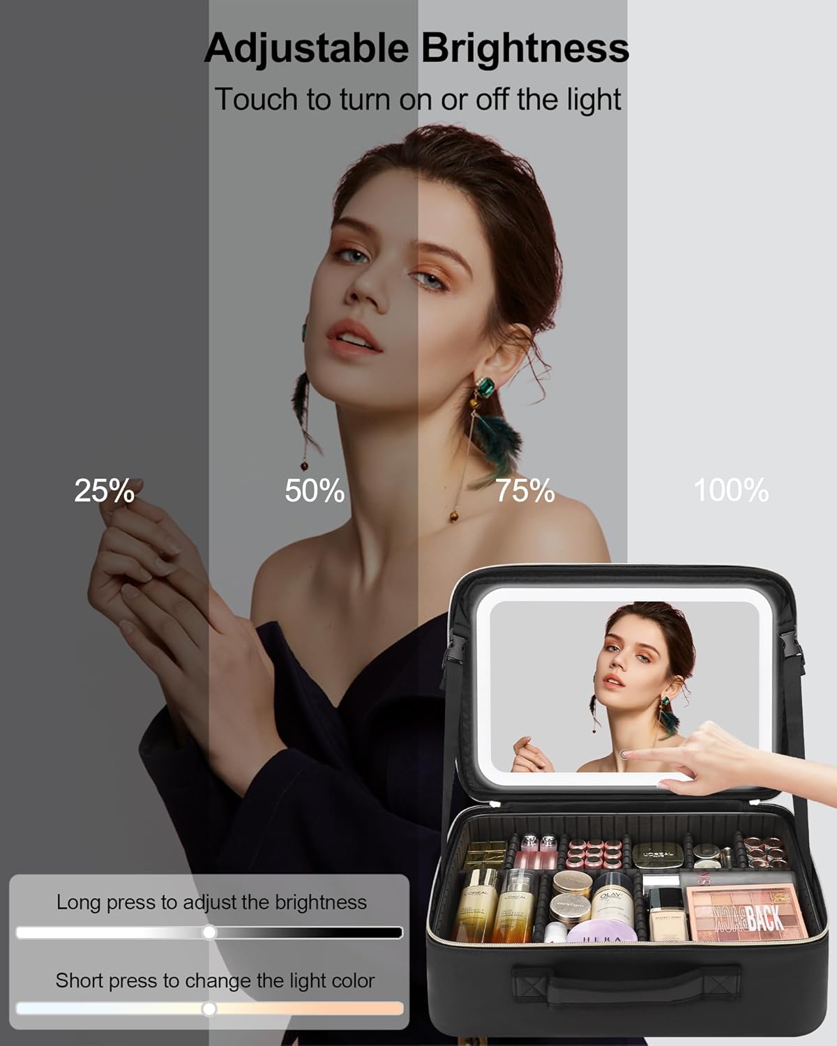 Chomeiu Makeup Bag with LED Mirror, Large Train Case for Makeup Artists, 16.2 inches Travel Professional Cosmetic Organizer with Light Up Mirror, 3 Color Lights, Brush Holder & Shoulder Strap (Black)