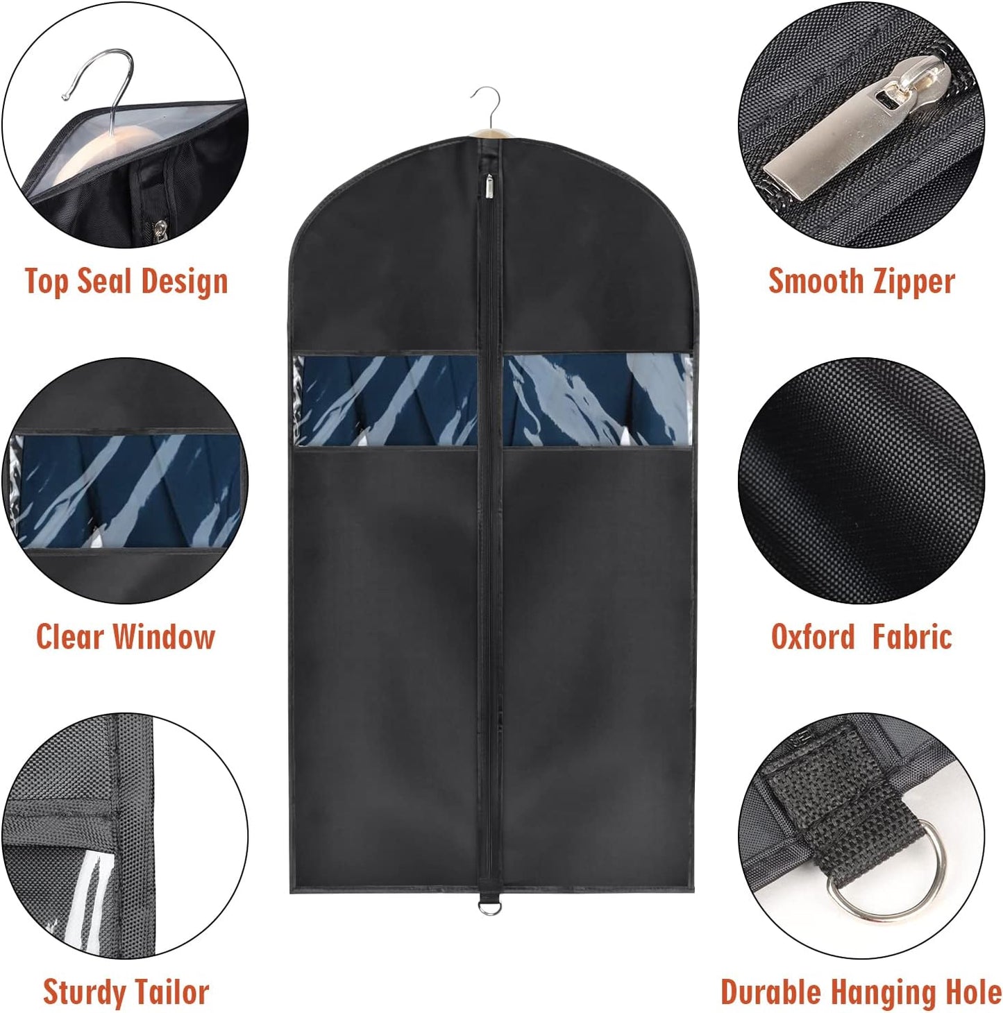 Univivi 8 Pack Suit Bags 43" Waterproof Black Garment Bag, Coat Covers from Dust with Zipper and Transparent Window, for Hanging Clothes, all coats, suits, women shirts, tuxedos, uniforms, winter