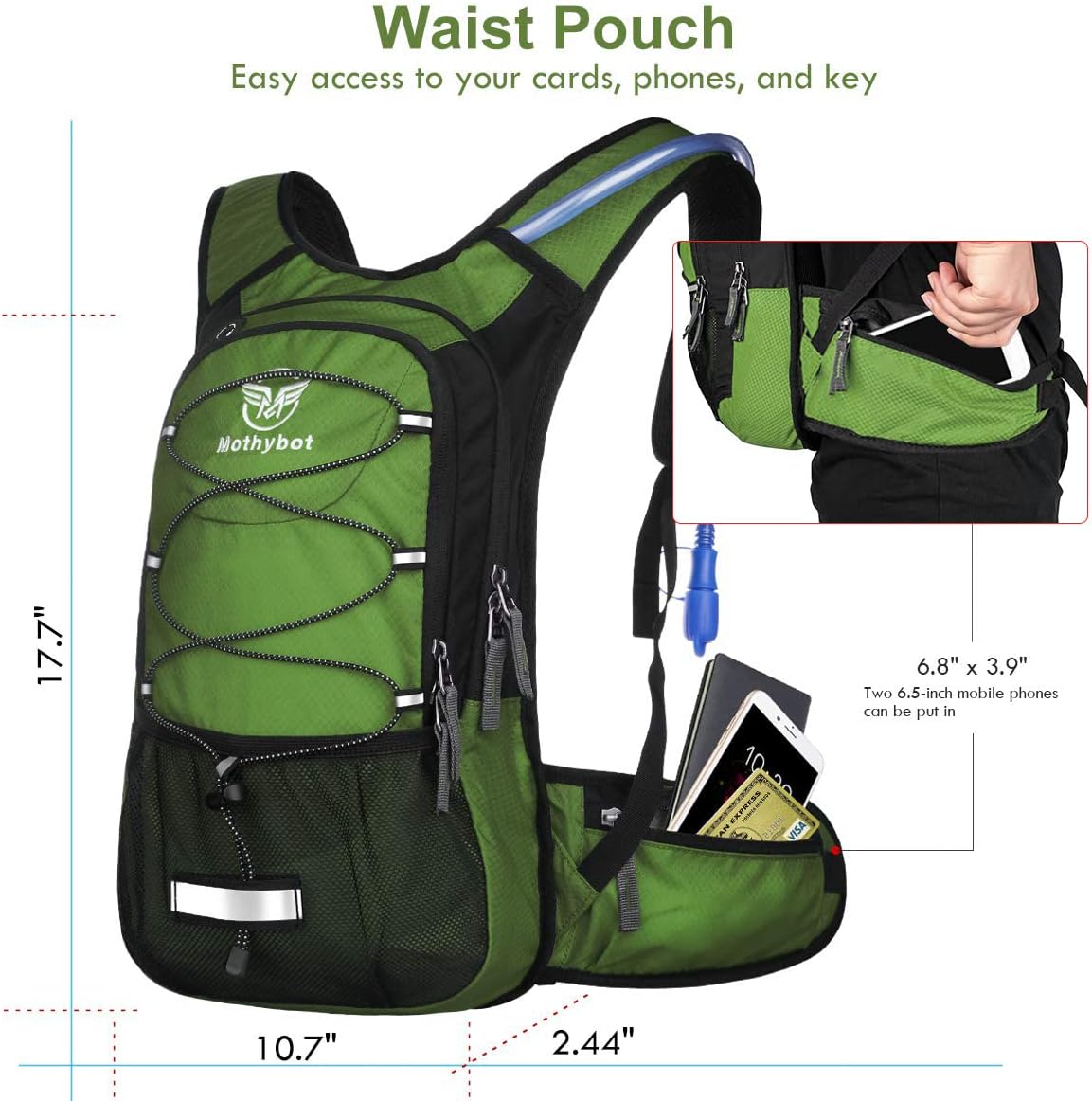 Insulated Hydration Backpack Pack with 3L BPA Free Leak Proof Water Bladder, Large Storage Lightweight Hiking Daypack with Waist Pouches & Cooler Layer, for Running, Biking, Camping, Festival