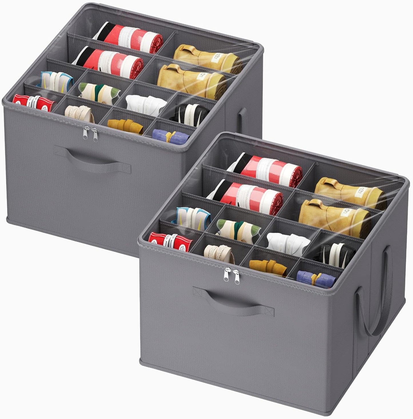 Lifewit Shoe Storage Organizer for Closet, Fits 12-16 Pairs, Large Shoe Box Storage Containers with Clear Cover and Reinforced Handles, Foldable Storage Bins Fits for Boots Heels Sneakers, 2 Pack Gray