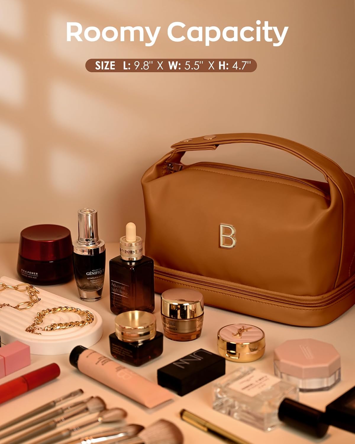 Cute Gifts for Women, Personalized Makeup Bag with Handle, Initial Double Layer Cosmetic Bag with Makeup Brush Organizer, Cute Cosmetic Pouch for Women, Gifts for Friends Female Mom