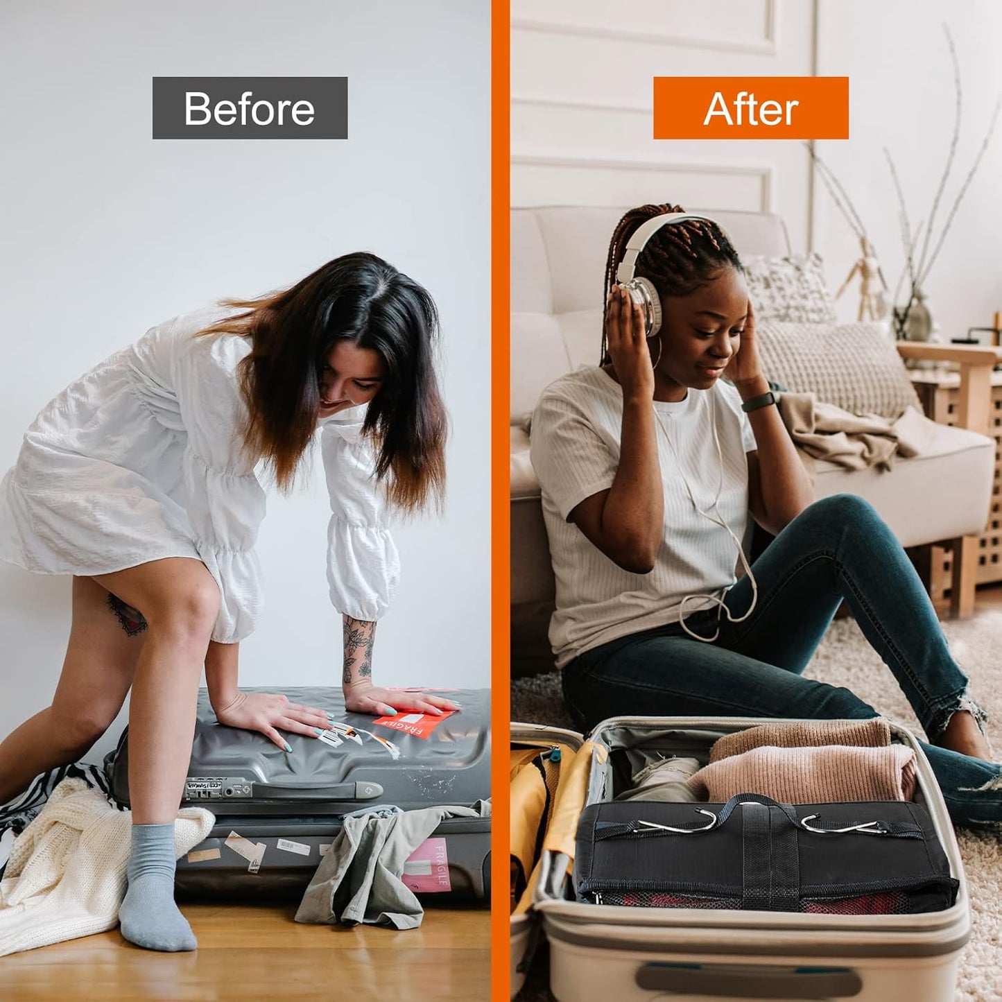 TABITORA Travel Portable Hanging Shelves Closet Organizer Packing Luggage Storage with Multifunctional and Foldable Invisible Compartment,Lightweight, for Suitcase, RV,Closet…Black,XL