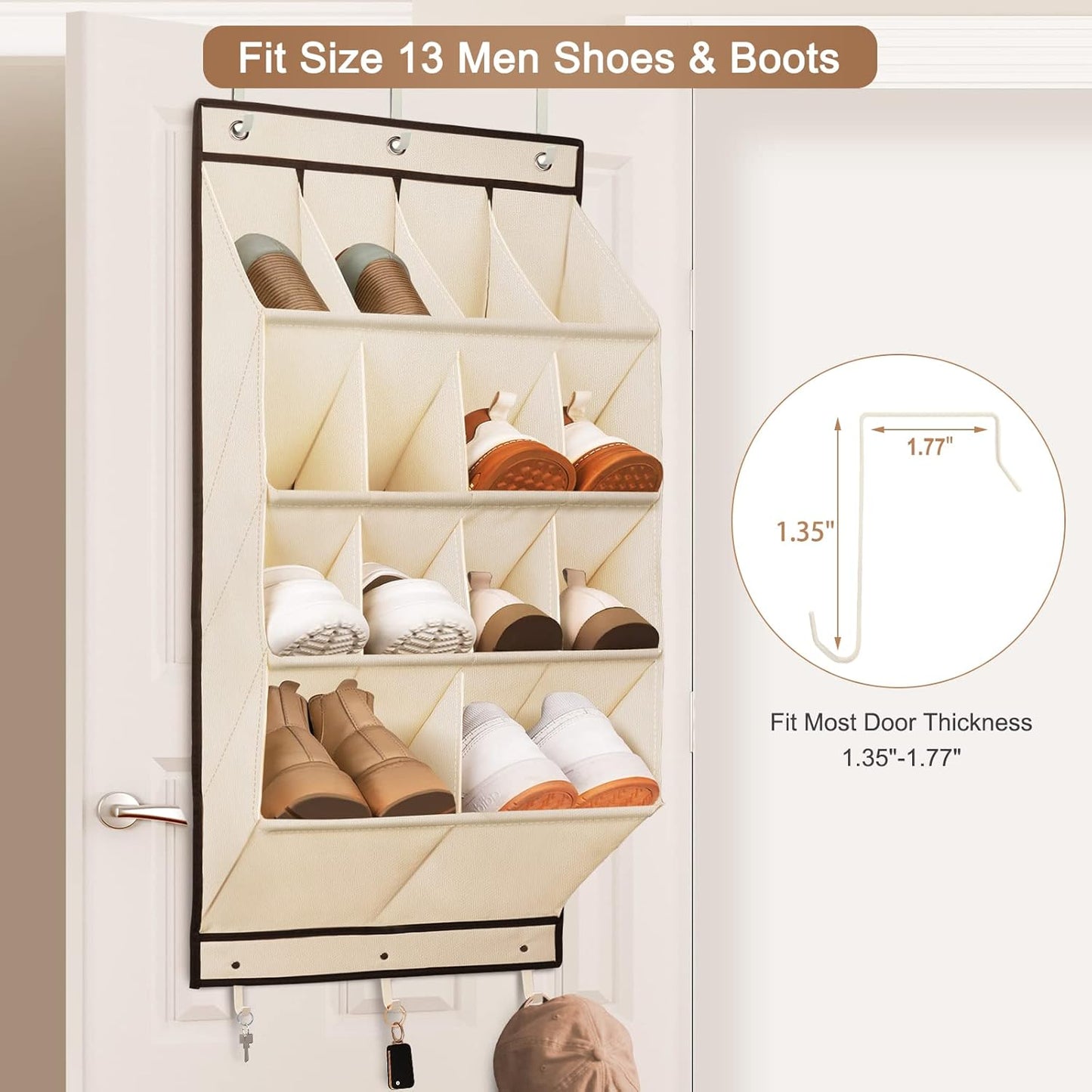 FENTEC 2 Pack Over the Door Shoe Organizer, Hanging Shoe Organizer, 28 Large Deep Pockets Door Shoe Rack with 6 Hooks Shoe Organizer for Shoes, Sneakers, and Home Accessories, Beige
