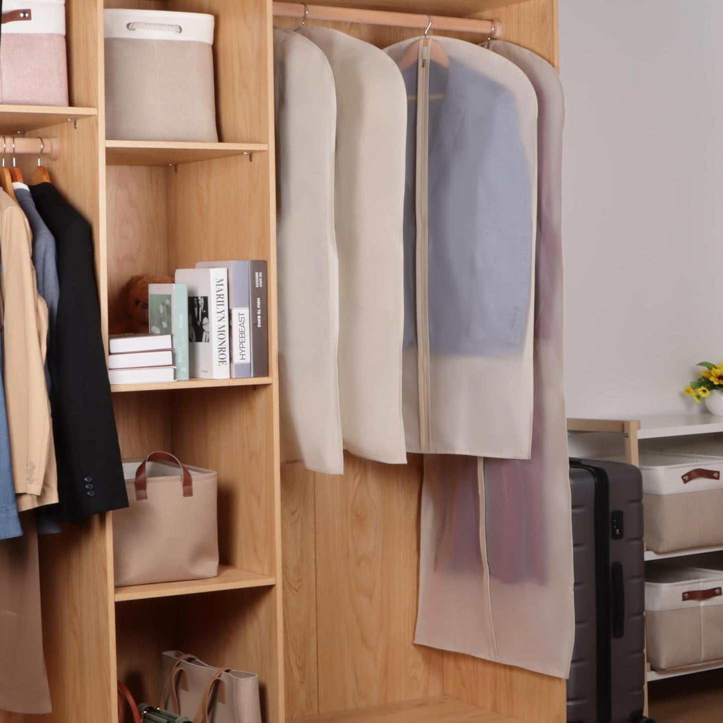 Zilink Suit Bags for Closet Storage and Travel 43" Hanging Storage Bags for Clothes Garment Bags for Storage, T-Shirt, Suits, Coats, Jackets - Beige, 8 Pack