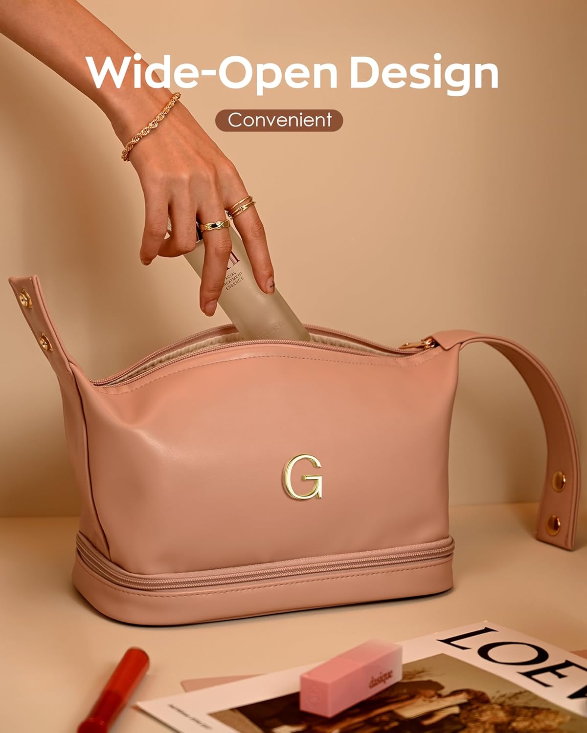 Initial Makeup Bag Personalized Bags with Handle, Friend Gifts for Women Cosmetic Bag, Mothers Birthday Gifts Leather Makeup Bags Letter Travel Toiletry Bag with Makeup Brush Organizer