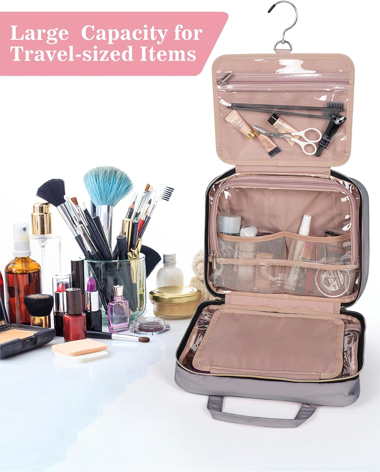 BALHLHG Toiletry Bag for Women With Hanging Hook, Medium Travel Makeup Organizer, Water-resistant Cosmetic Toiletries Bag for Bathroom, Trip, Business, Grey