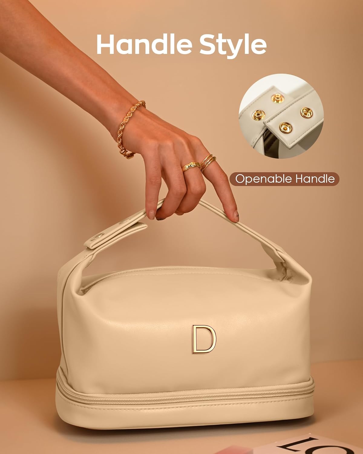 Initial Makeup Bag, Personalized Bags with Handle, Waterproof Double Layer Cosmetic Bag, Large Capacity PU Leather Makeup Bags Letter Travel Toiletry Bag with Makeup Brush Organizer