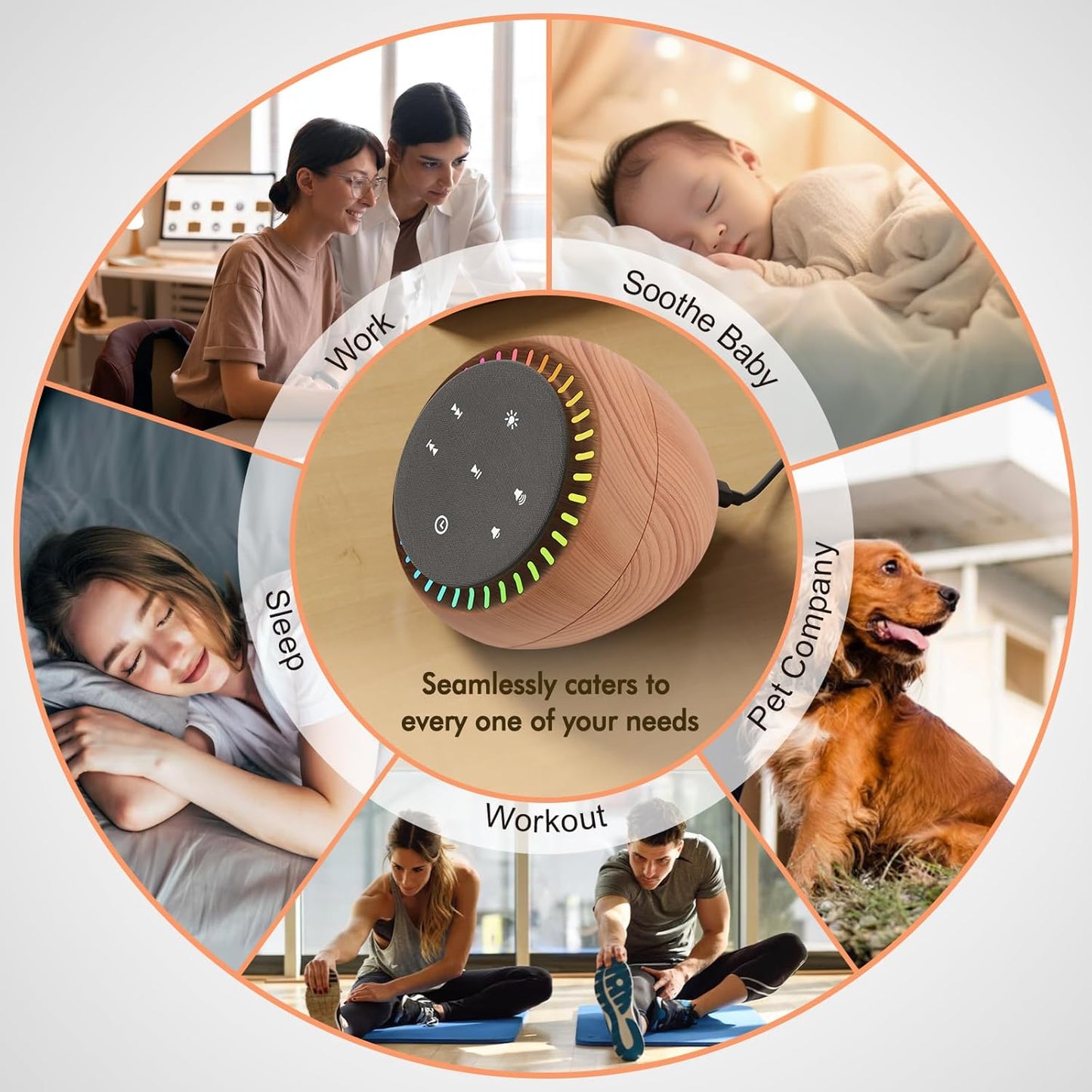 DreamSky Sound Machine for Sleep, White Noise for Sleeping Adults & Baby, Brown Noise Fan for Office Privacy & Noise Canceling, 26 Sounds & RGB Light, USB-C Powered for Home Travel, Wood Grain