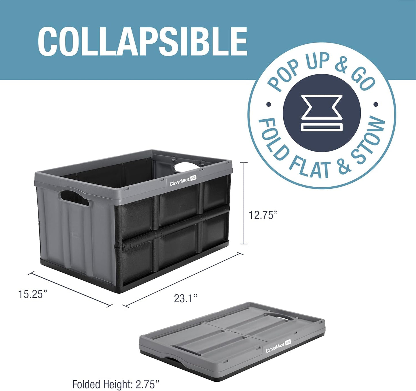 CleverMade Collapsible Storage Bins - Stone 3 Pack 62L - Stackable Containers Heavy Duty Capacity Folding Crates - Space-Saving for Home