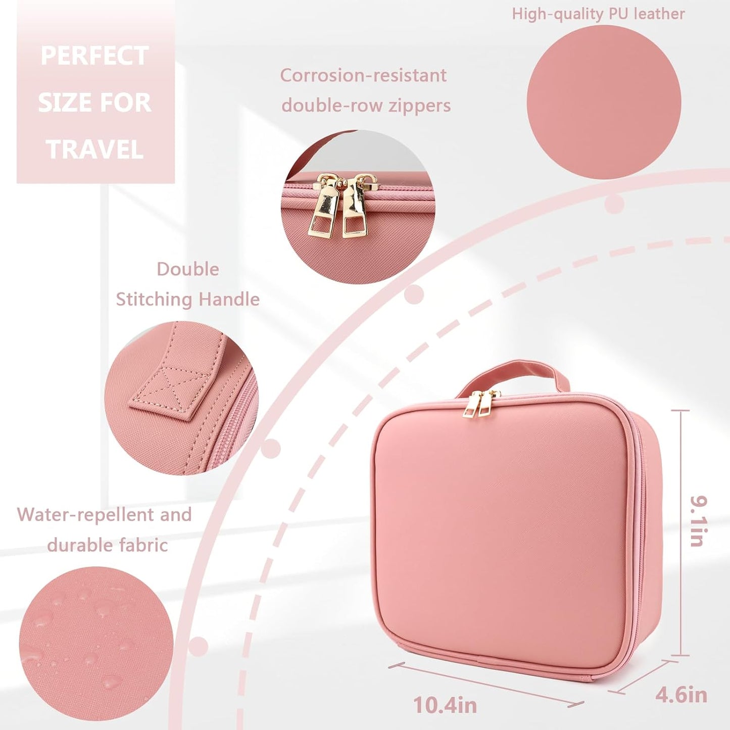 Travel Makeup Bag with LED Lighted Mirror, Travel Makeup Organizer,3 Color Setting Cosmetic Makeup Box, Adjustable Dividers and Brush Holder（pink）