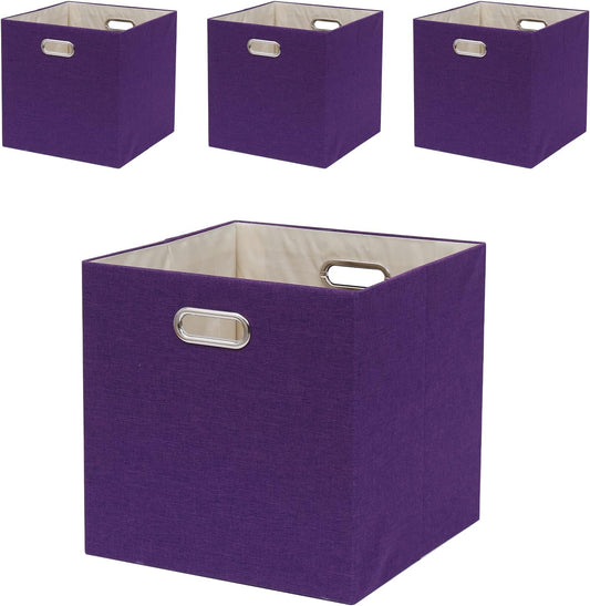Collapsible Basket Fabric Foldable Box with Handles, 13x13 Cube Storage Bins Set of 4, Thick and Heavy Duty Storage Baskets for Shelves Bedroom Livingroom,Purple