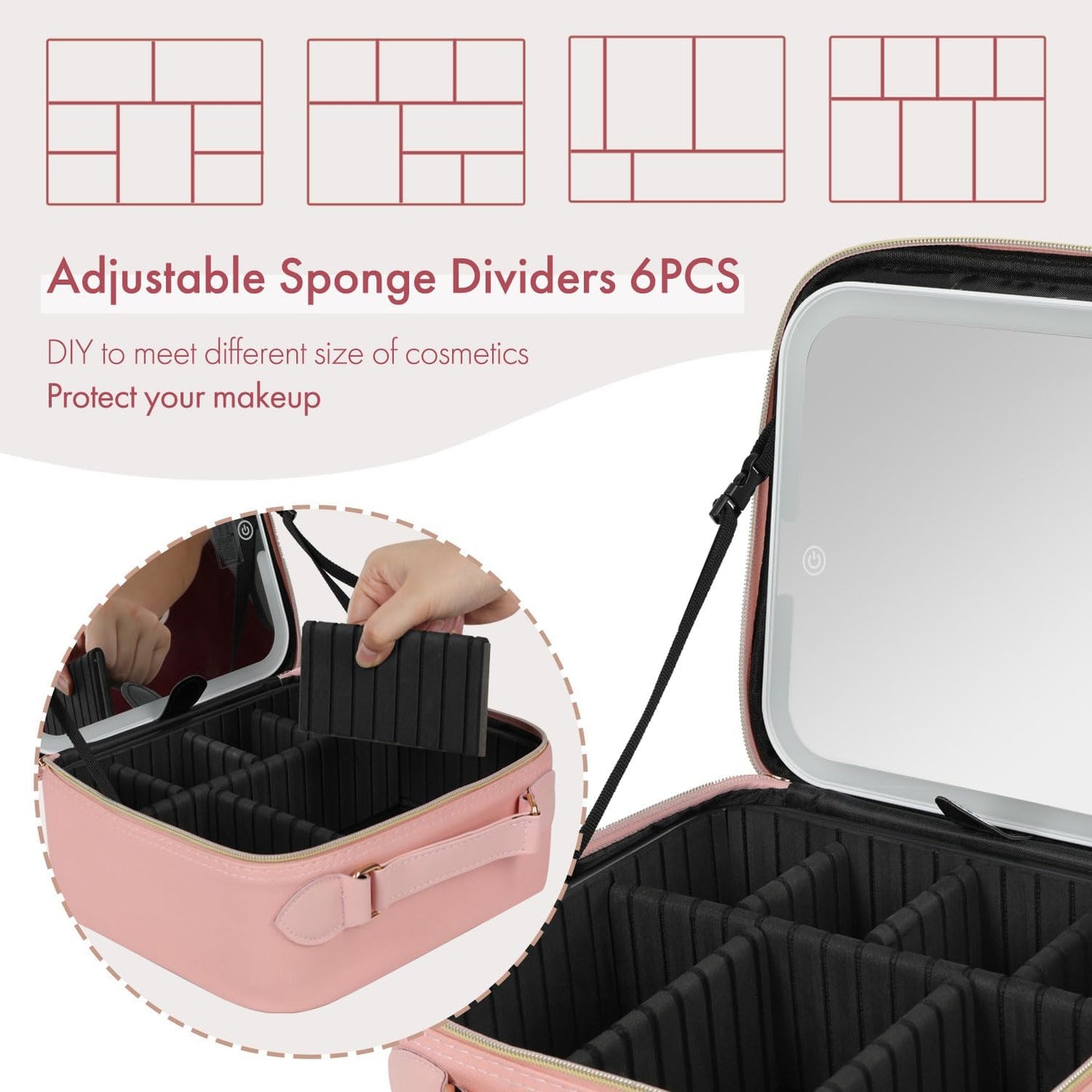 Travel Makeup Bag with LED Mirror Double Layer, Detachable Vanity Mirror with Lights, Tri-light Dimmable, Makeup Case with Adjustable Dividers and Brush Holder Cosmetic Organizer Storage Box