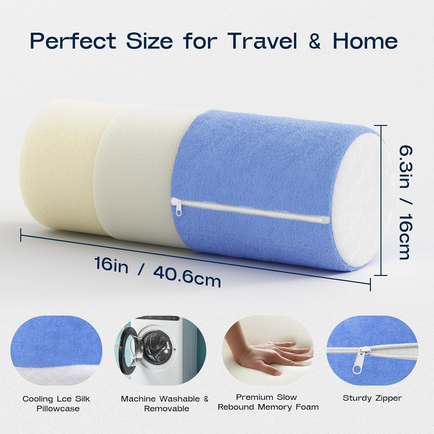 Neck Roll Cervical Pillow for Neck Pain Relief - Memory Foam Neck Pillow for Bed, Round Neck Pillows for Sleeping, 16 * 6.3 * 6.3inch (Blue-White)