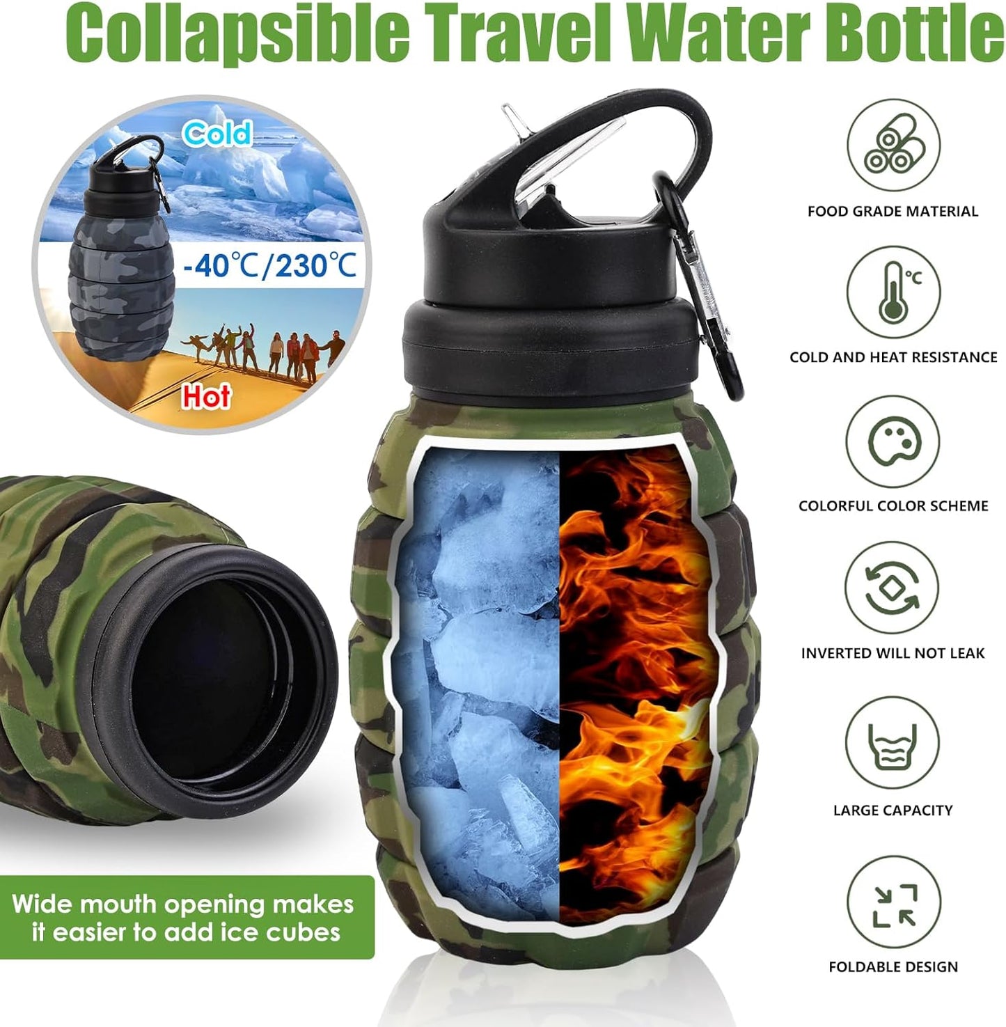 Collapsible Travel Water Bottle, Reuseable Silicone Foldable Water Bottles for Gym Camping Hiking, Portable Leak Proof Sports Water Army camouflage Bottle with rugby grenade Carabiner (Red)