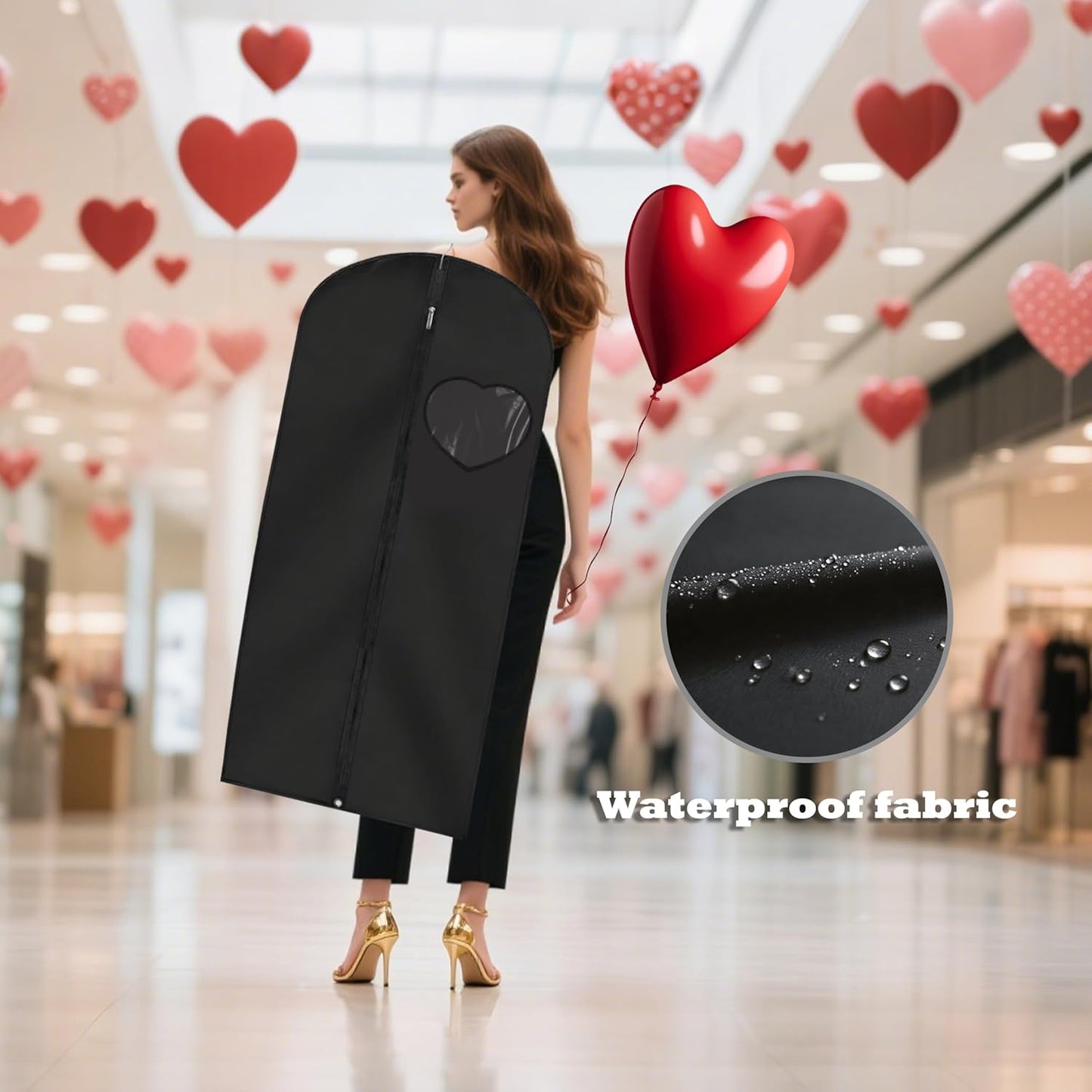 Dress Bags for Gowns Long, 45'' Garment Bags for Hanging Clothes, Suit Bag Cover for Storage and Travel, with Clear Heart Window, 2 Pack (Black)