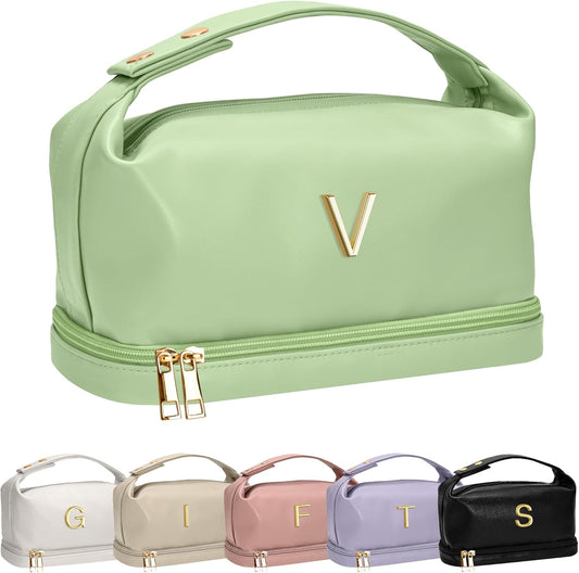 Trendy Gifts for Women, Personalized Makeup Bag with Handle, Initial Double Layer Cosmetic Bag with Makeup Brush Organizer, Cute Cosmetic Pouch for Women, Gifts for Friends Female Mom