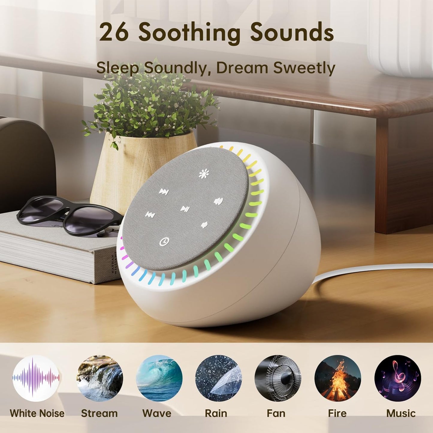 DreamSky Sound Machine for Sleep, White Noise for Sleeping Adults & Baby, Brown Noise Fan for Office Privacy & Noise Canceling, 26 Sounds & RGB Night Light, USB-C Powered for Home Travel