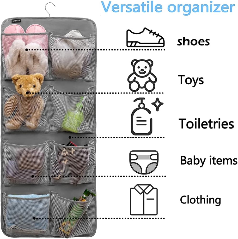 Dual-Sided Hanging Closet Organizer for Socks Underwear Bra Kids Storage Organizer for Baby Clothes Toddler Shoes with 26 Pockets (Grey-Mesh Pockets)