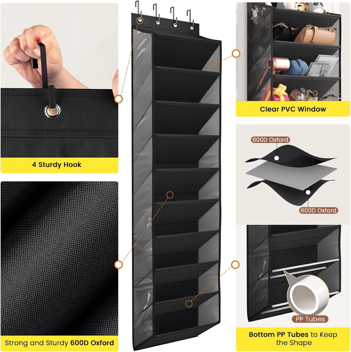 Over the Door Shoe Organizer for Closet, Shoes Rack with 10 Tier PVC Window Deep Pockets, Hanging Shoe Organizers for Boot Storage, Behind the Door Narrow Shoe Holder for Small Shoes, Black