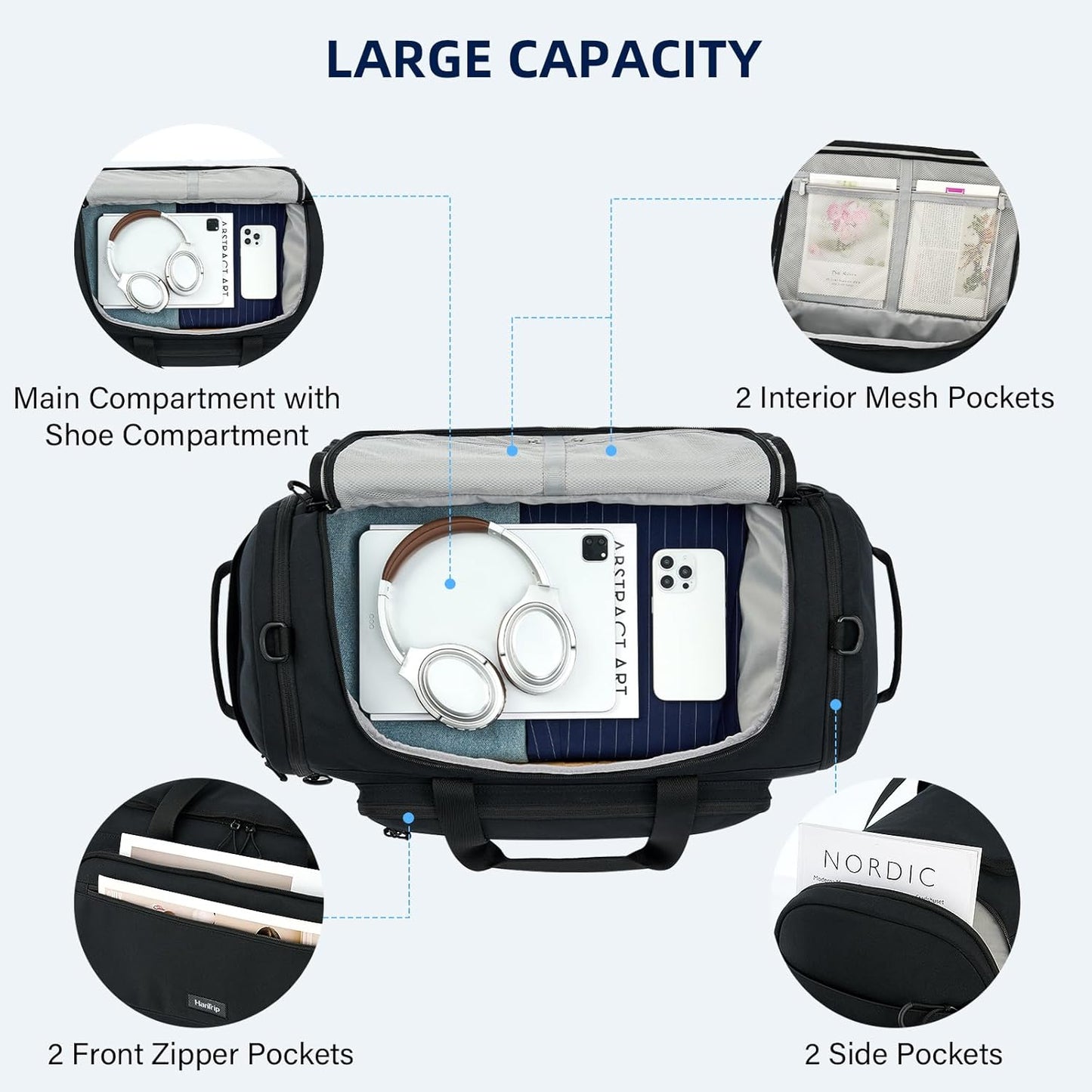 Large Travel Duffle Gym Bag with Shoe Compartment, Underseat Carry On Luggage Overnight Weekender Personal Item Workout Bags for Women Men (Black)