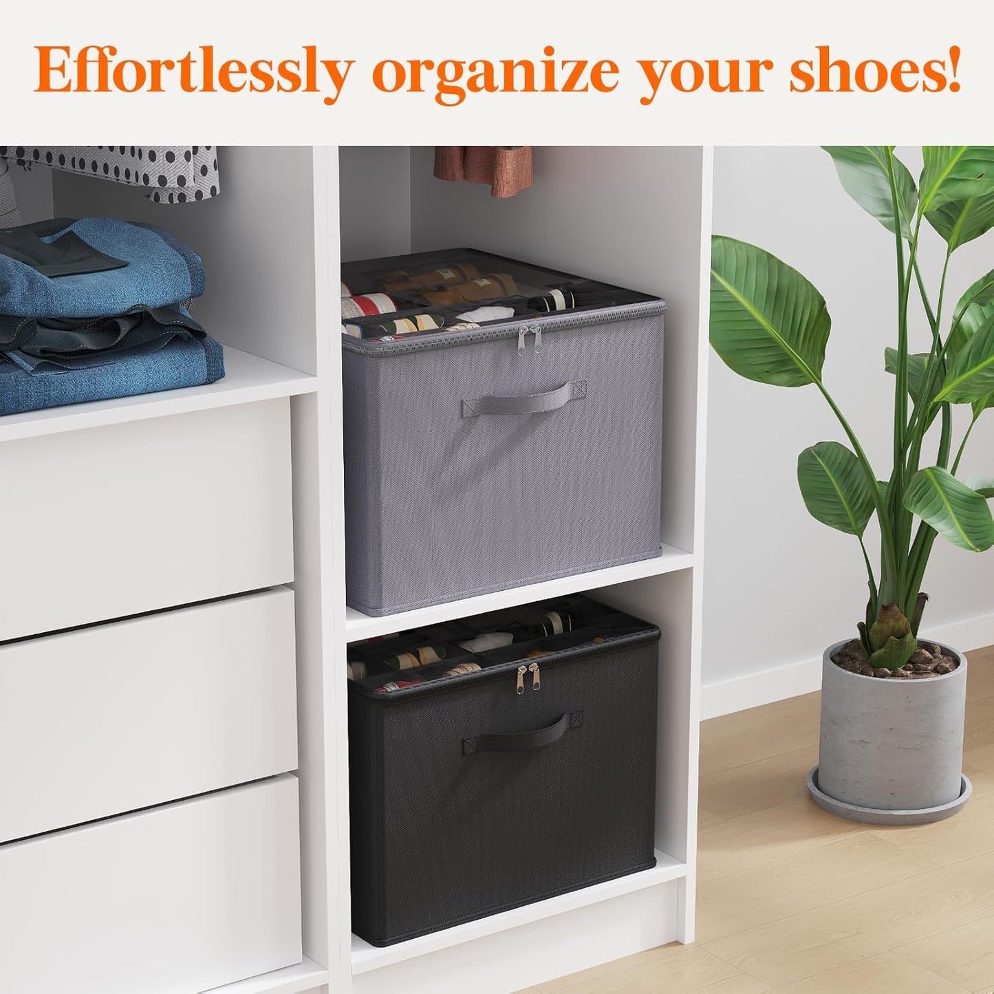 Lifewit Shoe Storage Organizer for Closet, Fits 12-16 Pairs, Large Shoe Box Storage Containers with Clear Cover and Reinforced Handles, Foldable Storage Bins Fit for Boots Heels Sneakers, 3 Pack Black