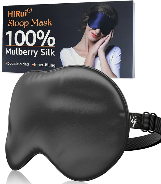 HiRui Silk Sleep Mask, 100% Natural Mulberry Silk of Double-Sided & Inner-Filling, Ultra-Smooth Soft, Adjustable Strap, Blocks Light for Night Sleeping, Travel, Office Naps (Black)